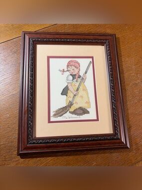 Vintage Cross Stitched Hummel Framed Picture Little Sweeper